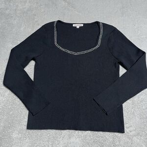 Nanette Lepore Sweater Womens‎ Large Black Embellished Stretch Top Long Sleeve
